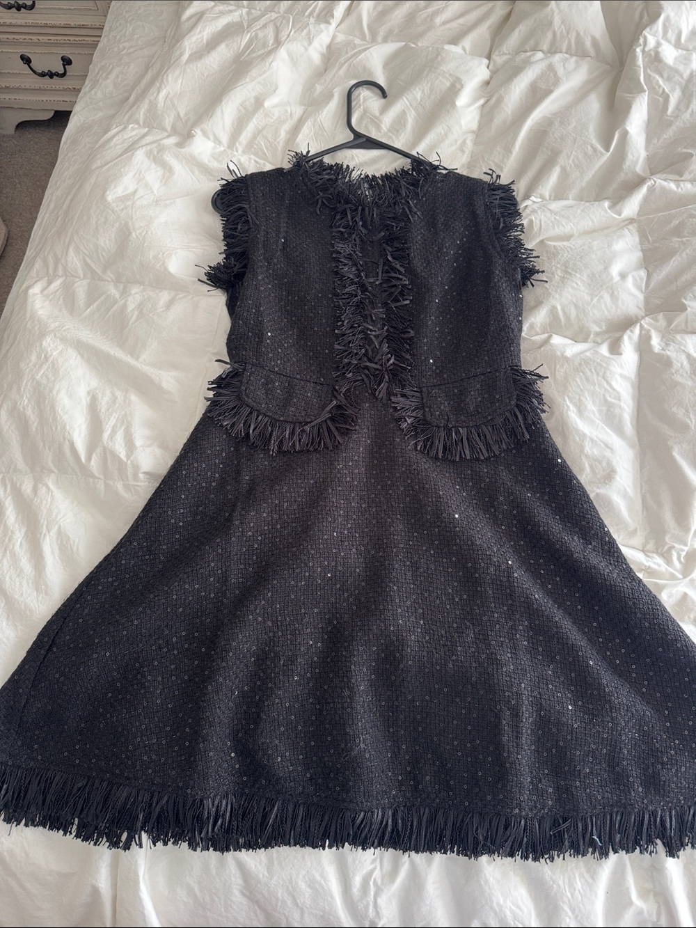 Black Fringe Tweed A-Line Dress